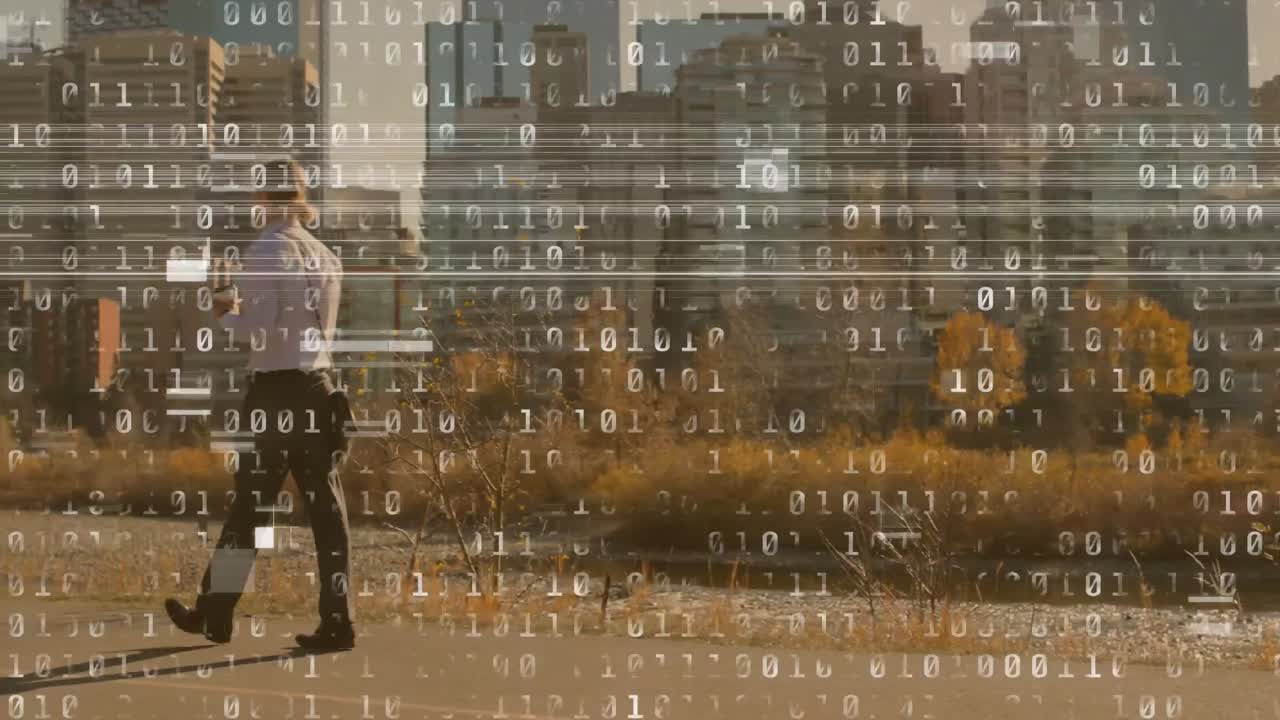 Busy professional man on the go and binary coding