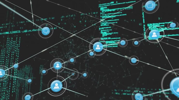 Animation of network of connections with icons over data processing on black background