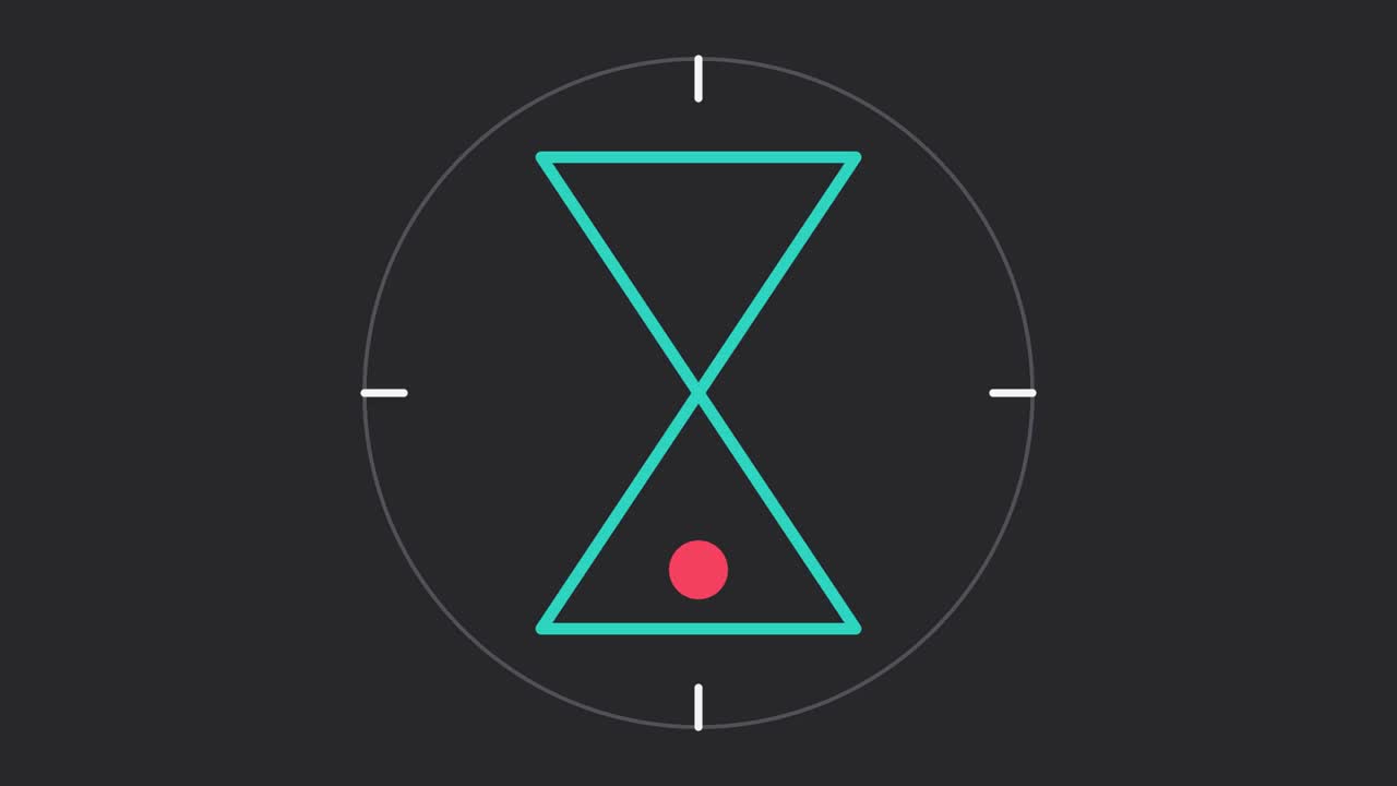 3D render of flipping hourglass shape with moving particle inside circular frame on dark background creating time animation designed for countdown visuals and video overlays