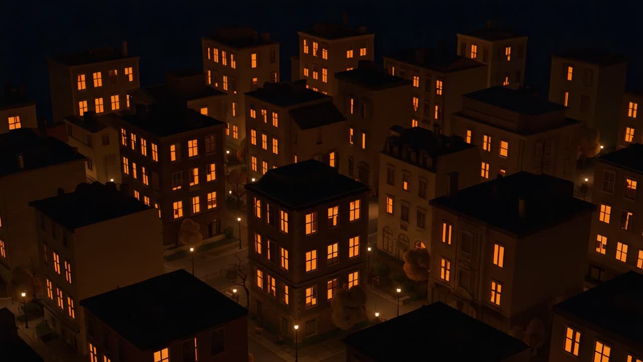 A Captivating Night View of a Cityscape Illuminated by Warm Orange Lights, Creating an Inviting Atmosphere Amidst Urban Architecture Under the Stars