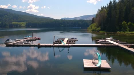 tracking shot of dock on a lake with no people in shot