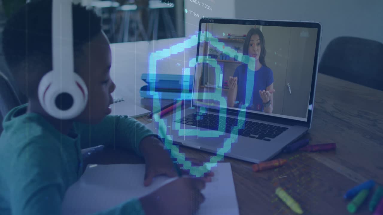 Animation of padlock icon and data processing over african american boy having online lesson