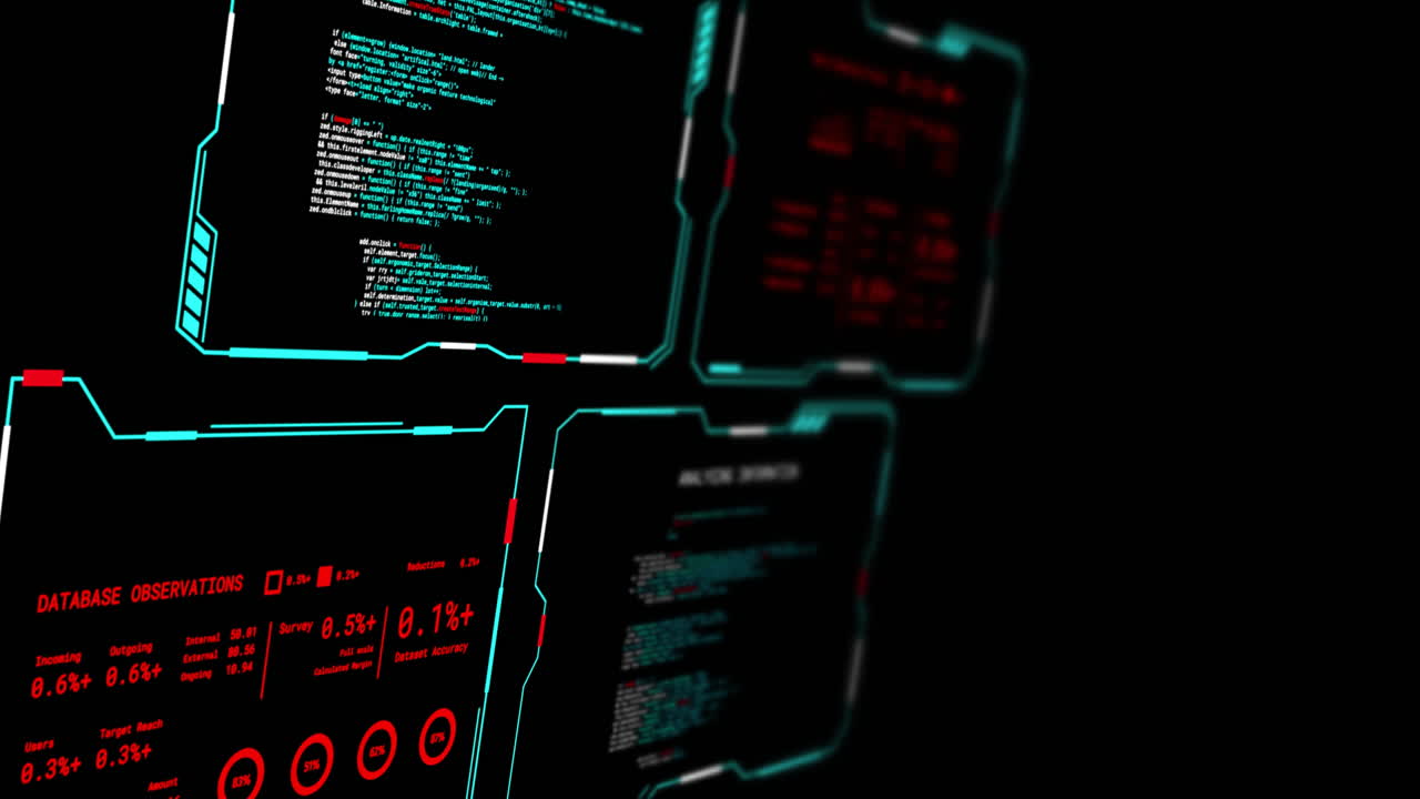 Animation of digital data processing on screens over black background