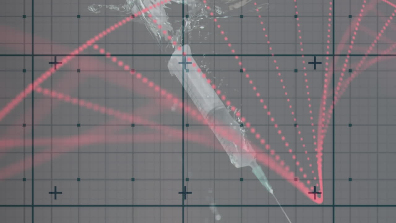 анимация синей сетки над красными частицами, образующими спираль днк и шприц на сером фоне