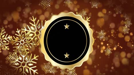 Animation-of-christmas-black-and-gold-sign-with-copy-space-and-snow-falling-on-brown-background