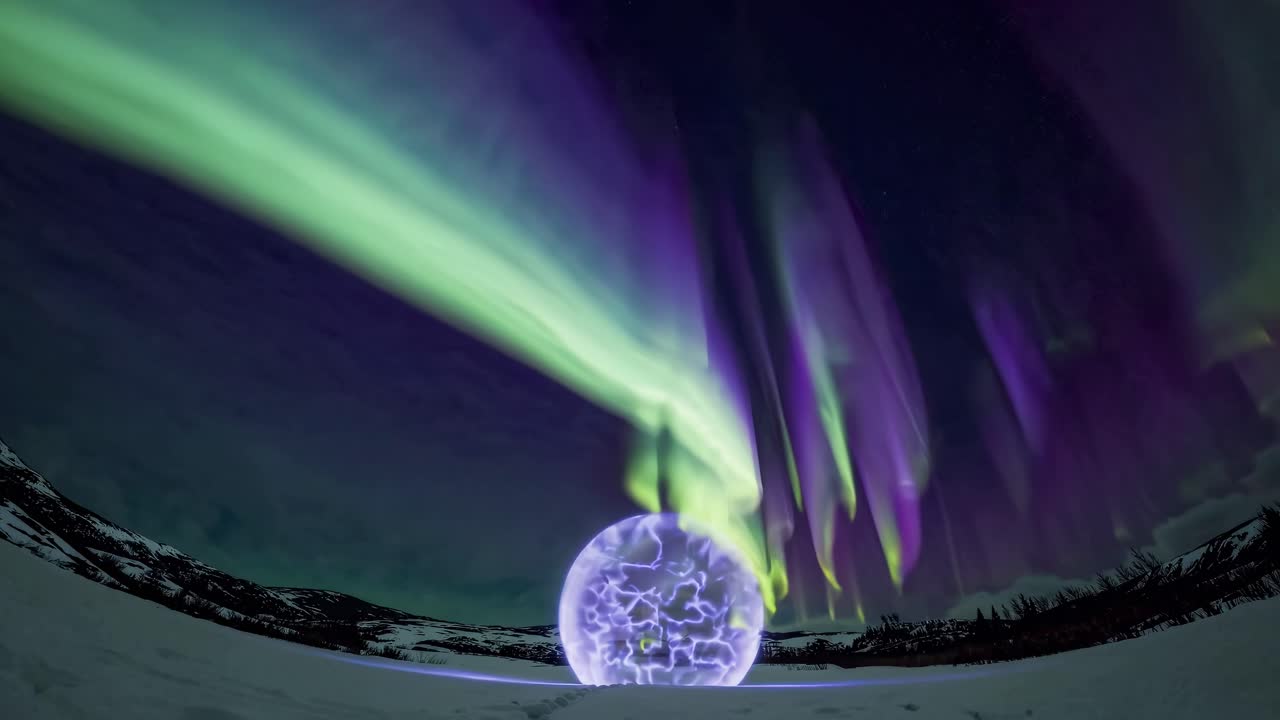 A mesmerizing wide-angle video capture of vibrant auroras dancing over a glowing orb on snowy