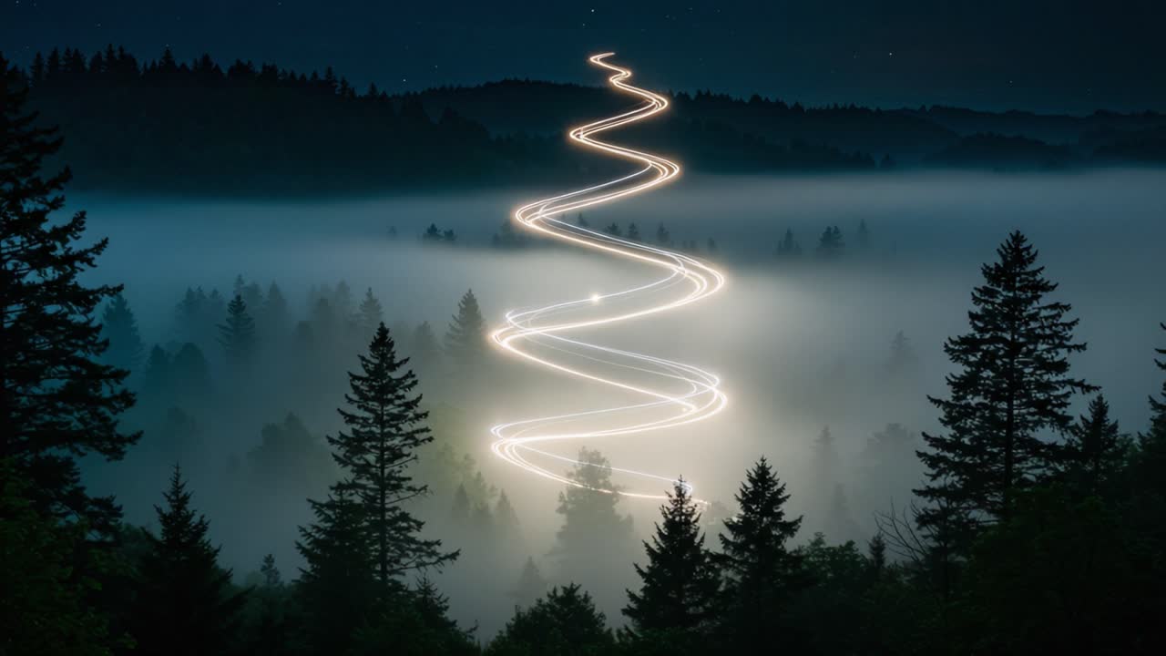 A Serene Nightscape Featuring a Winding Road Illuminated by Car Lights, Surrounded by Lush Pines and Enveloped in Ethereal Fog Against a Starry Sky