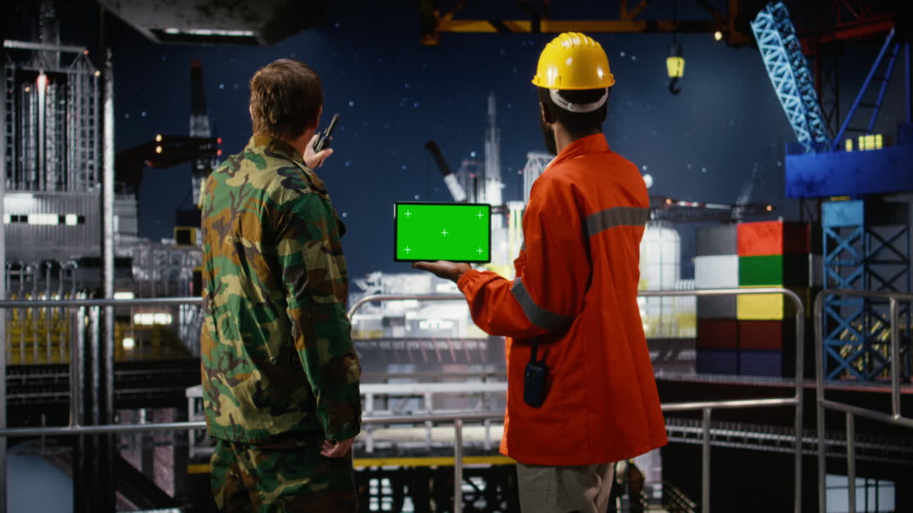 Green screen with soldiers performing escort duty on a maritime vessel