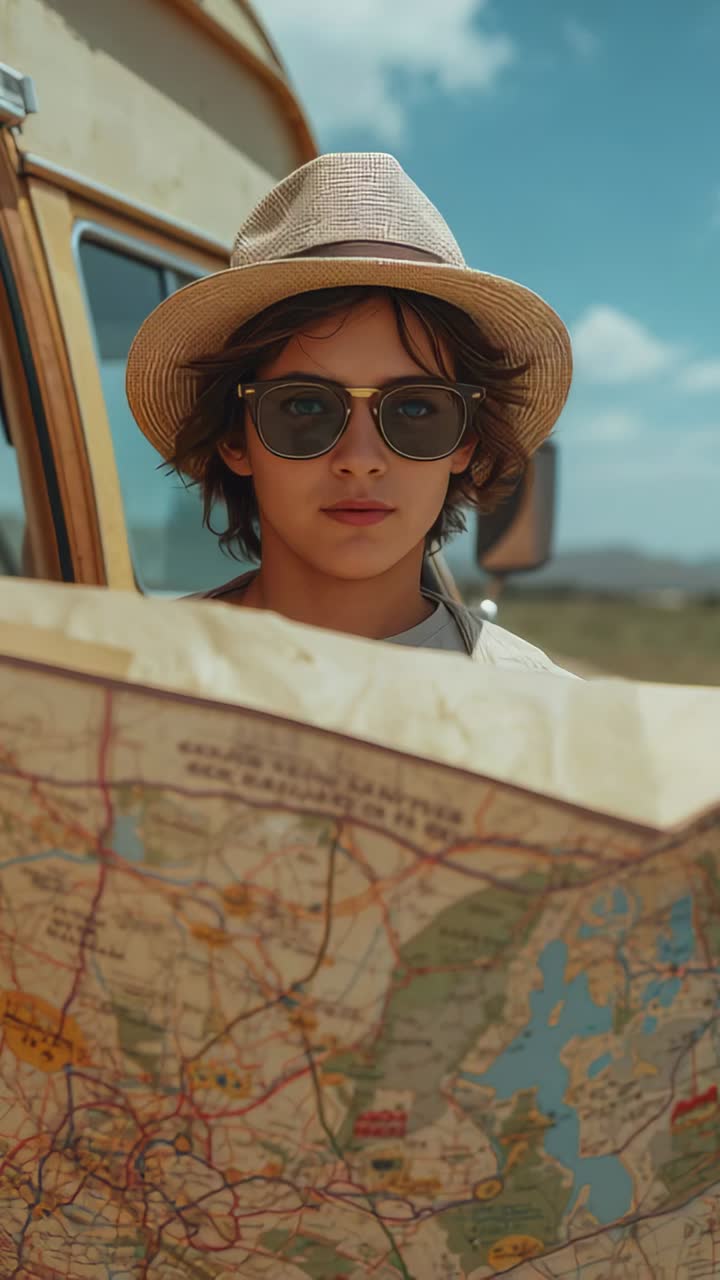 Vertical video: Reading map male teen beside retro van after stopping, in straw hat, choosing route