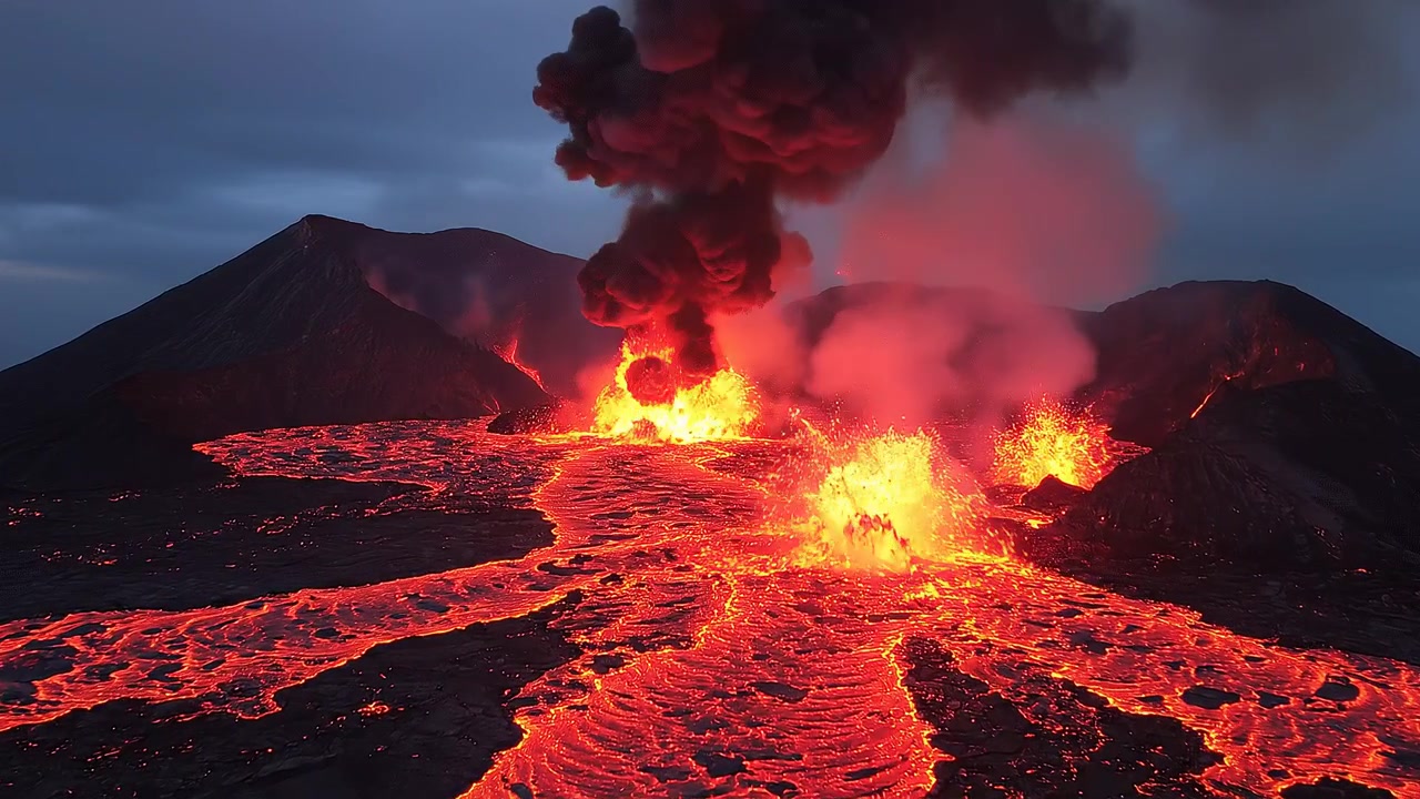 Spectacular volcanic eruption with molten lava flows and ash clouds