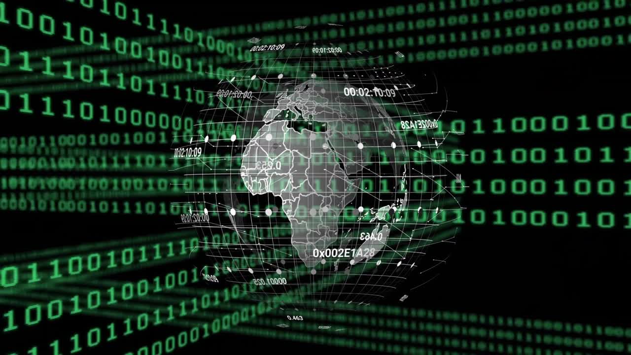 Binary streams forming data tunnel initiating globe rotating with nodes updating for data display