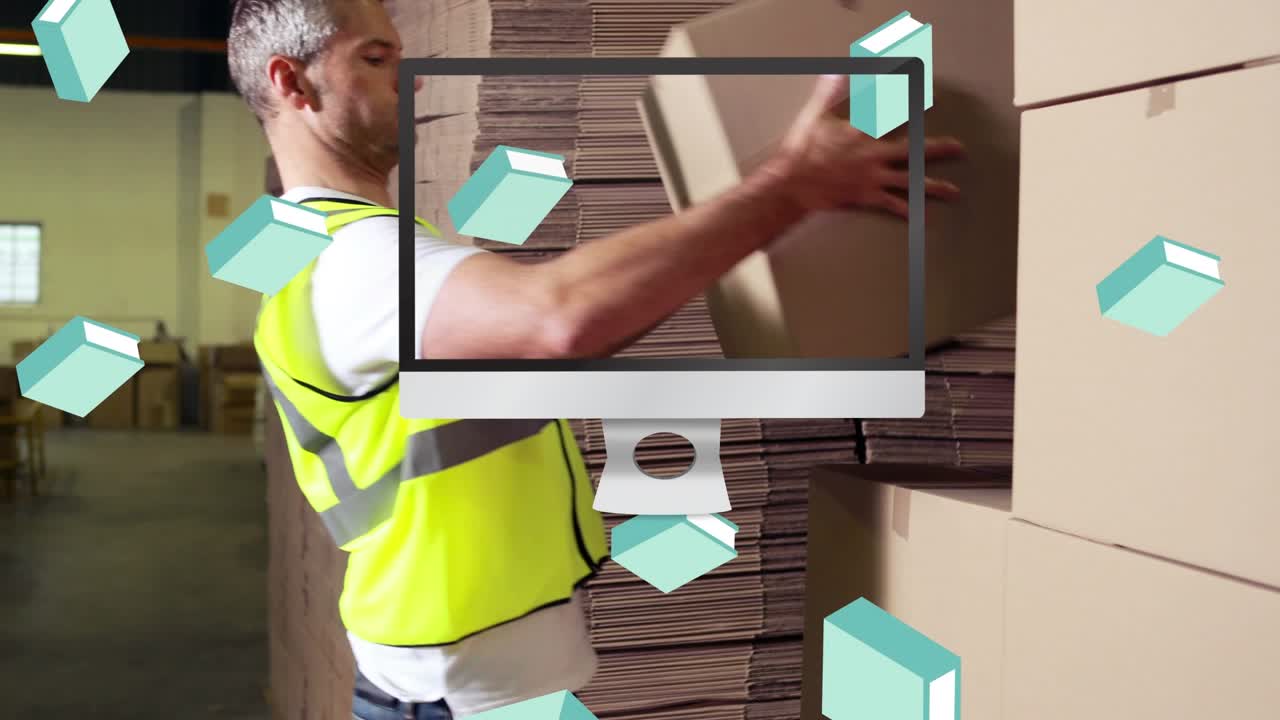 Animation of books falling over caucasian male warehouse worker