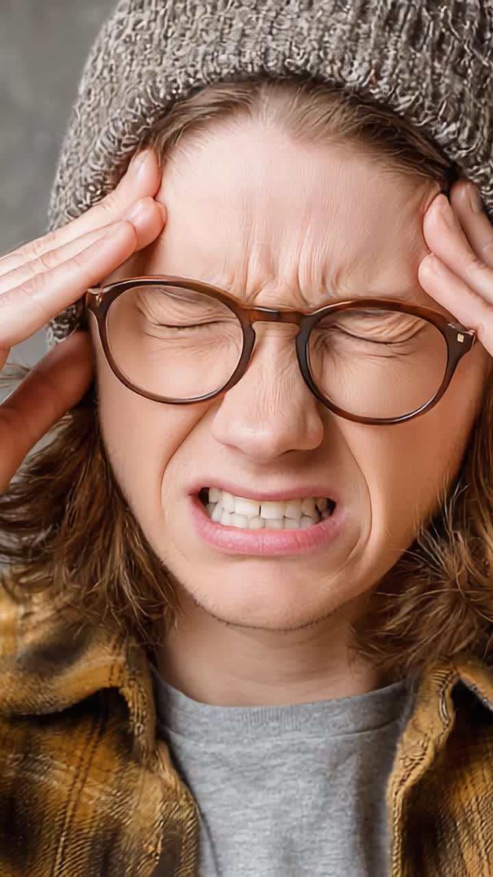 Esprimere le difficoltà delle sfide quotidiane: un giovane adulto con mal di testa in mostra, catturato in un'emozione che trasmette dolore e frustrazione