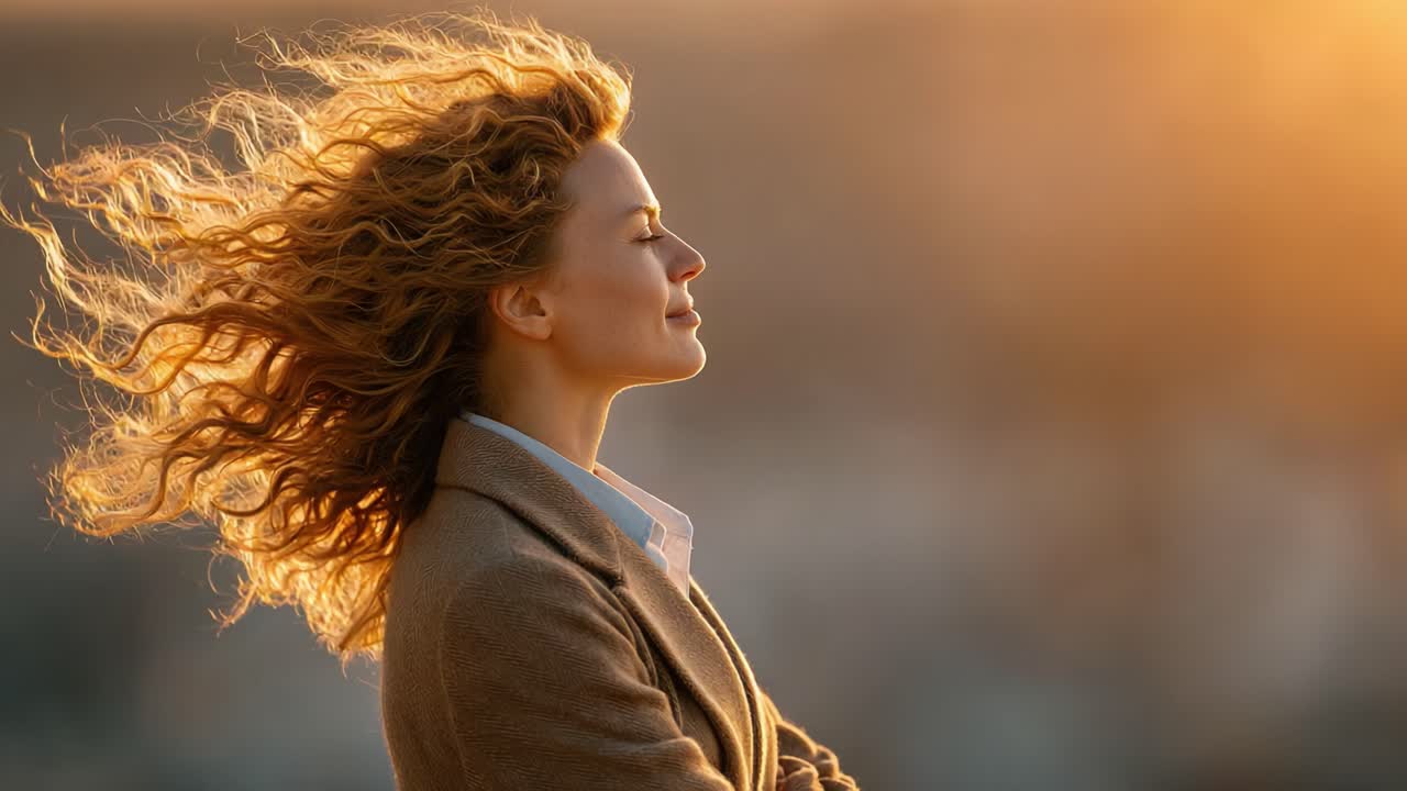 A Serene Moment at Sunset: A Woman with Flowing Hair Embracing Nature's Beauty, Captured in Two Stages of Tranquility and Reflection