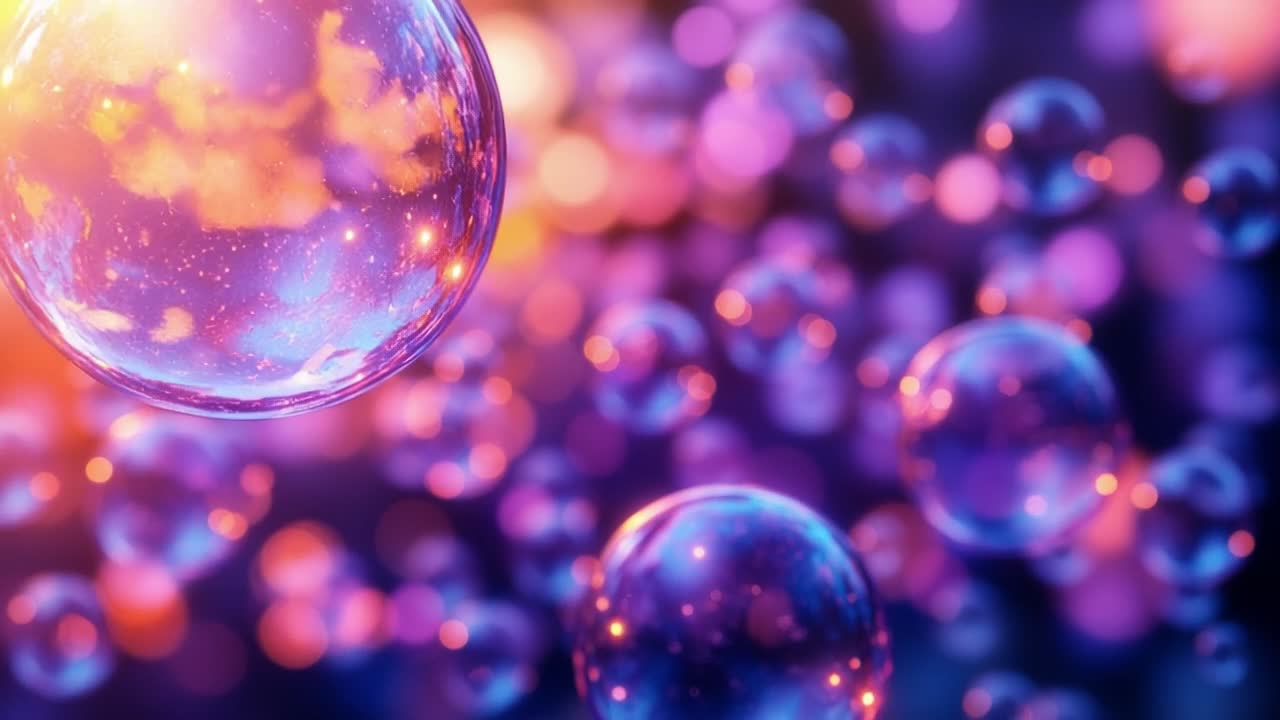 Vivid bubbles on bright backdrop. Bubbles of different sizes float against a vibrant purple and orange backdrop, creating a dreamy vibe.