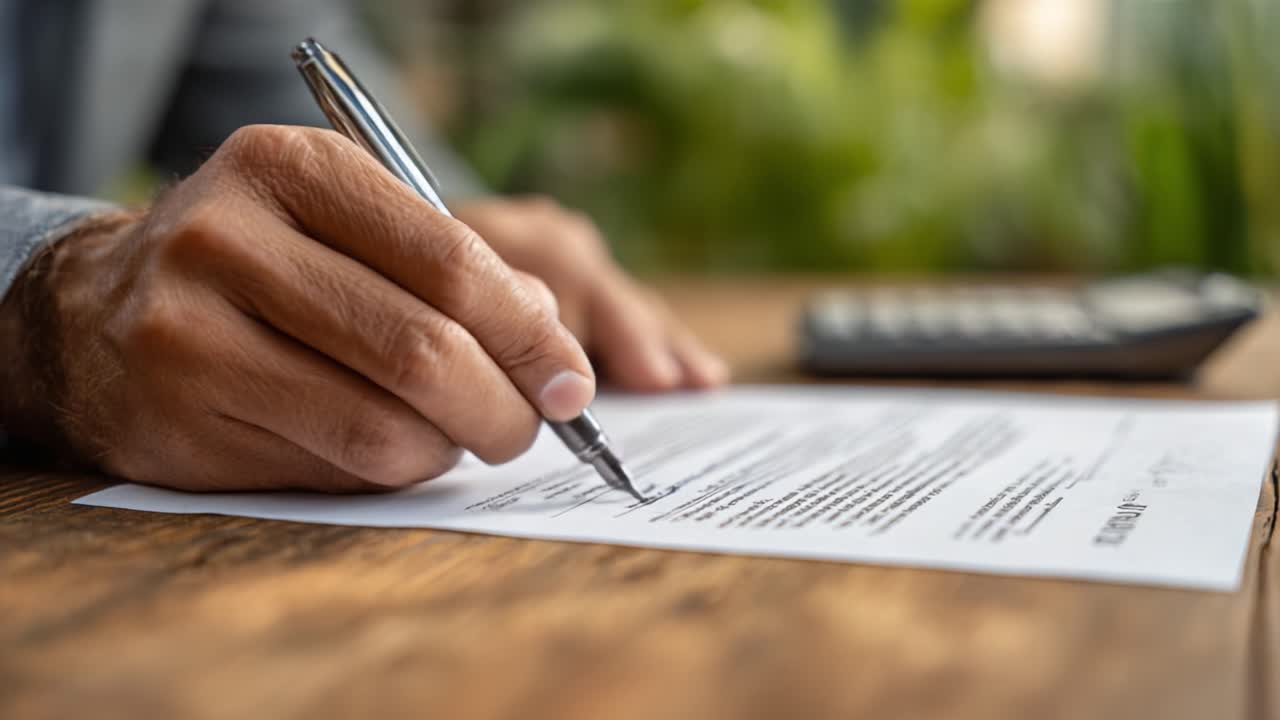 An Individual Engaged in Document Preparation, Focused on Signing a Form with a Pen on a Wooden Desk Surrounded by a Lush Green Environment