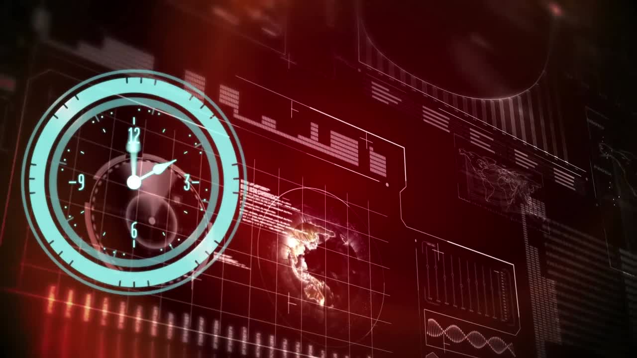 빨간색 배경에 데이터 처리를 가진 디지털 인터페이스를 통해 네온 시계의 애니메이션