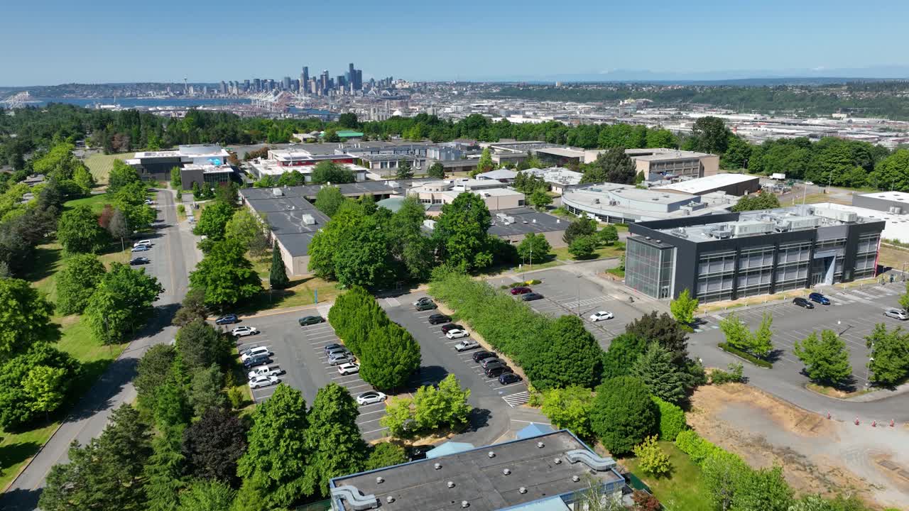 Aerial view soaring over South Seattle College's beautiful campus on a bright sunny day