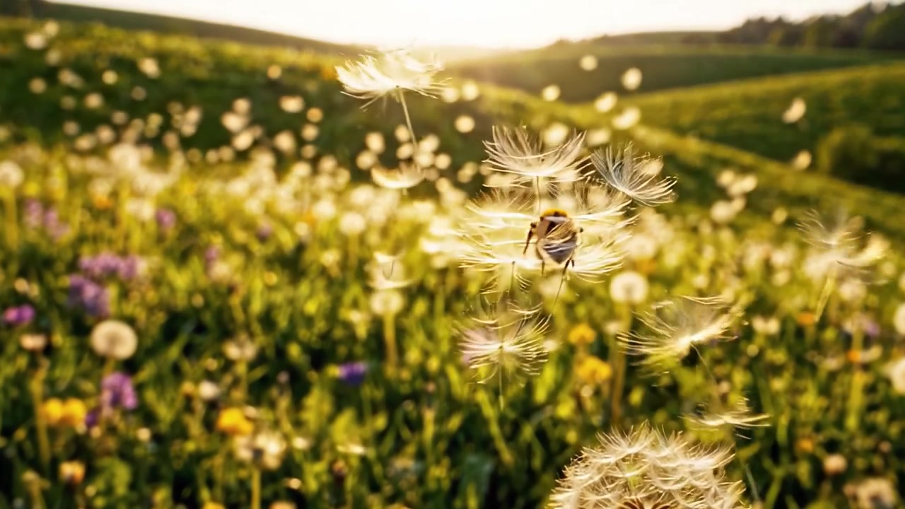 Un tramonto panoramico su colline ondulate con denti di leone in fiore, che illumina i colori vivaci dei fiori primaverili in un sereno paesaggio naturale.