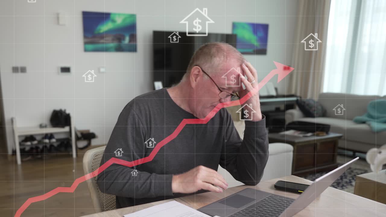 A senior man frustrated and distressed by increasing housing and real estate, loan interest rates, and inflation - concept animation