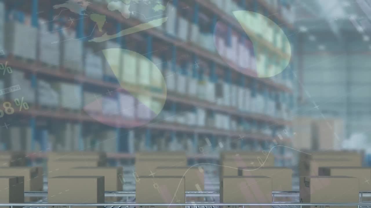 컨베이어 벨트에 있는 카드보드 상자 위에서 통계 처리의 애니메이션