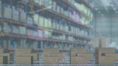 animation of statistics processing over cardboard boxes on conveyor belts