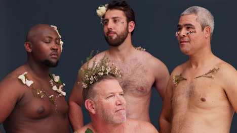 Flowers,-skincare-and-diversity-with-group-of-men