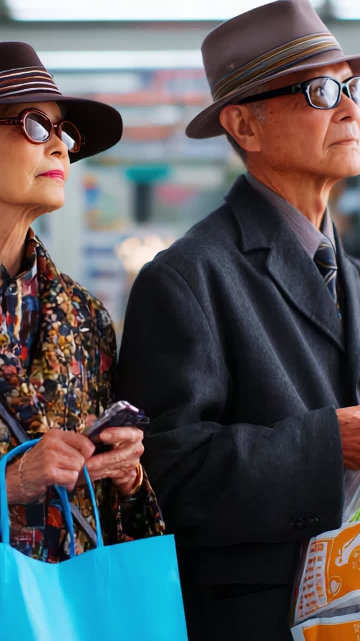 Stylish Senior Couple Waiting at Transit Station, Wearing Fashionable Hats and Sunglasses While Holding Shopping Bags and Checking Their Phones