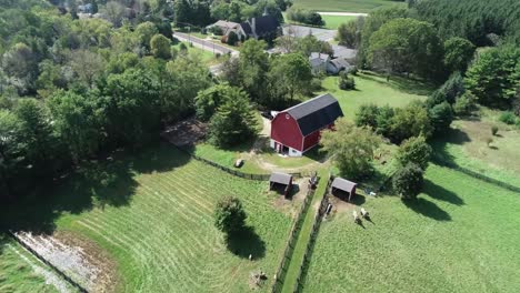 Aerial-flyover-of-beautiful-farm-and-horse-stable-during-a-sunny-day