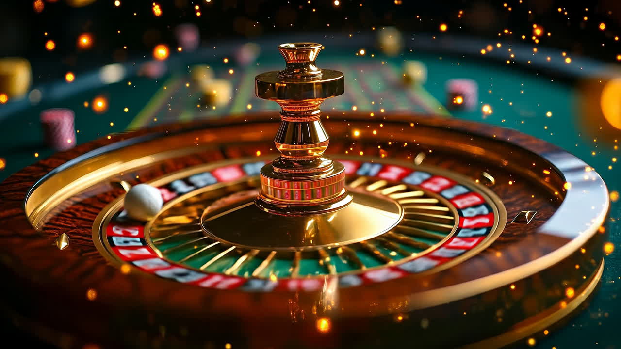Casino roulette spins at night. A roulette wheel spins in a casino with bright lights and colored chips scattered around
