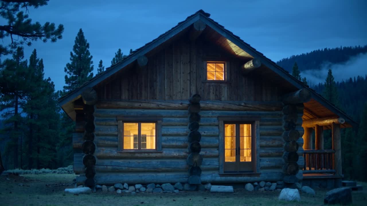 Lighting rustic log cabin windows at dusk in clearing, mist drifting across pine hillside