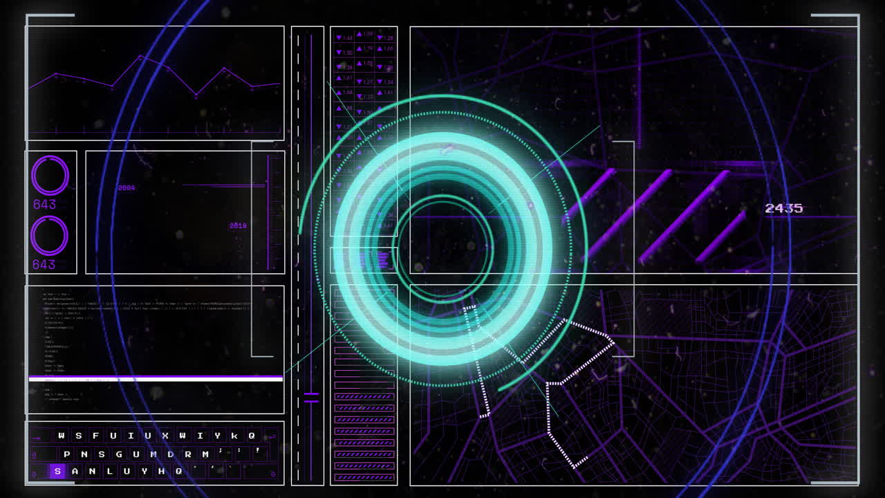 Animation of data processing with scope scanning on black background