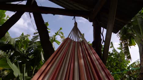 Hamaca-En-Un-Pequeño-Cobertizo-De-Madera-Abierto-En-Un-Ambiente-Tropical