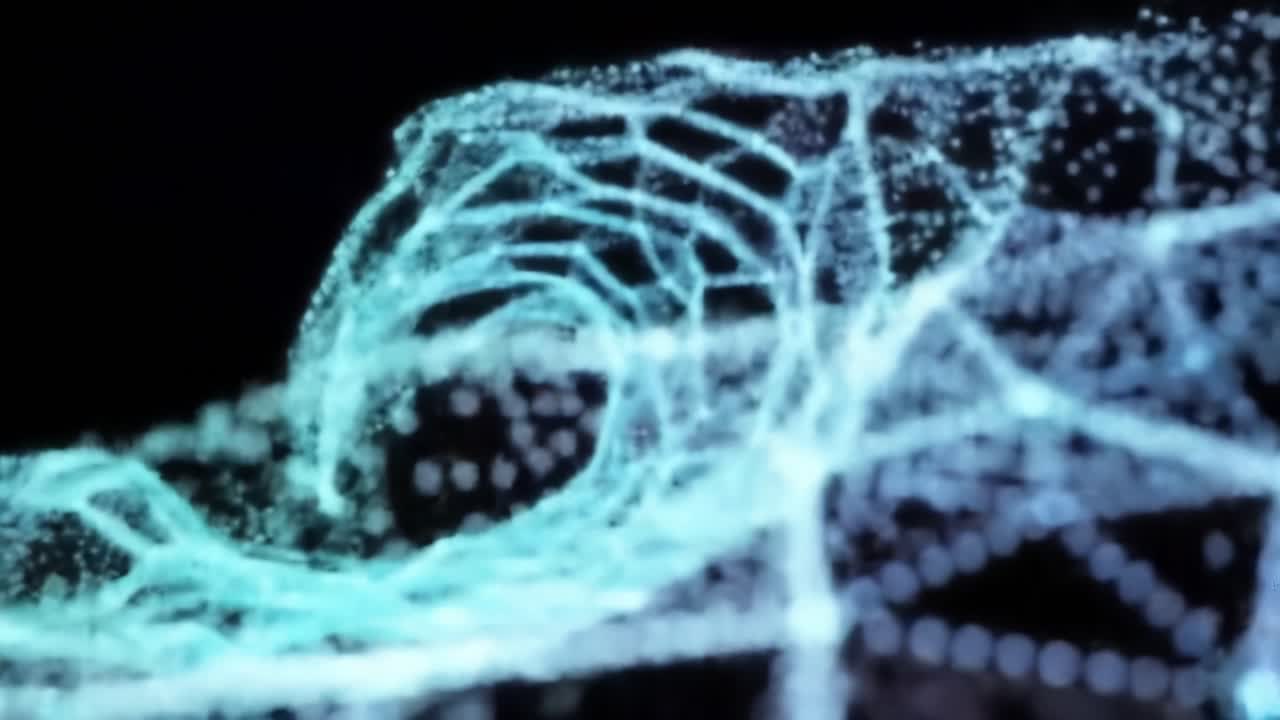 Dynamic Representation of a Futuristic Wave Structure in Blue-Tinted Digital Space, Showcasing a Complex Mesh of Interconnected Points and Lines in Motion