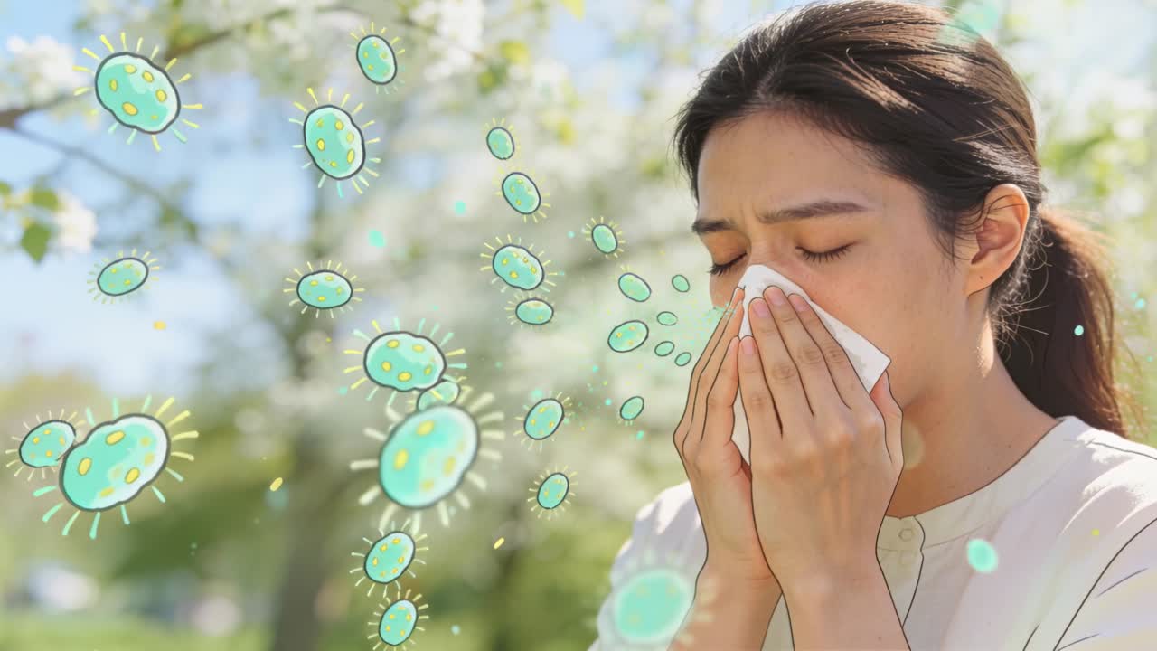 Donna in maglietta che tiene un fazzoletto, starnutisce nel parco mentre il polline color verde acqua le si avvicina al naso, con spazio per il testo.