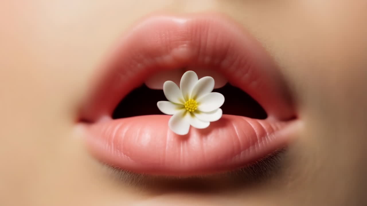 Close-up of Lips with a Delicate Flower