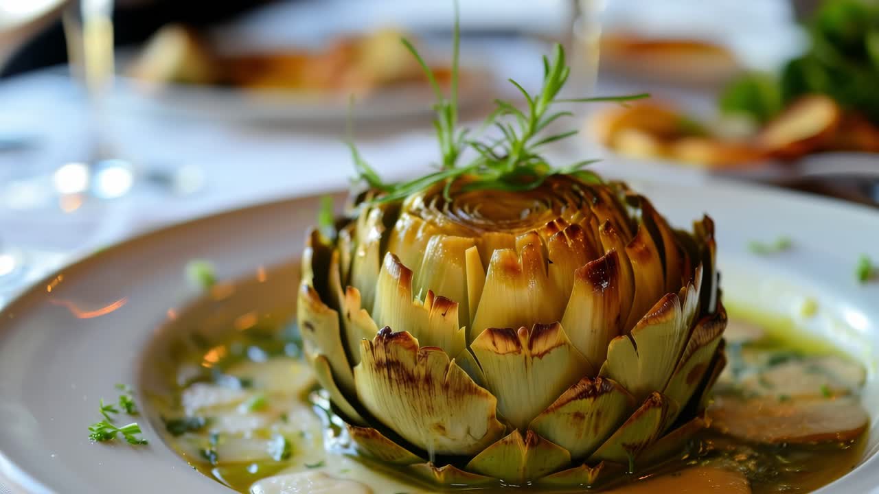 Grilled artichoke heart garnished with fresh rosemary, elegantly presented on a white plate in a restaurant setting with blurred dishes and wine glasses
