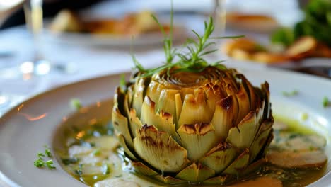 grilled artichoke heart garnished with fresh rosemary, elegantly presented on a white plate in a restaurant setting with blurred dishes and wine glasses