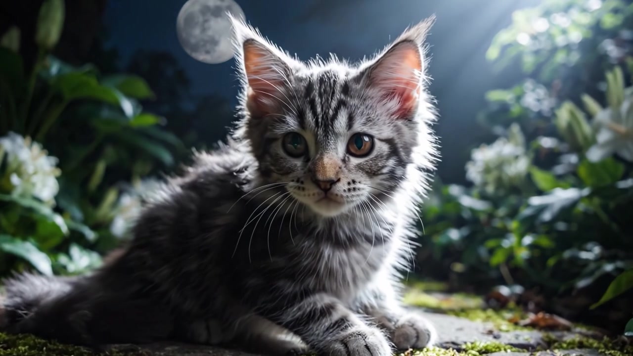 Majestätische Katze blickt in der mondhellen Nacht in einem üppigen Garten, erleuchtet von ätherischem Licht, und fängt einen ruhigen Moment der Schönheit der Natur und katzenhaften Anmut ein.