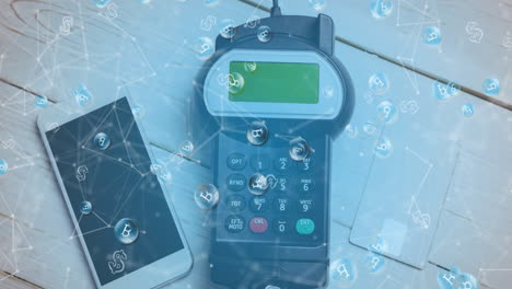 animatie van bitcoins via smartphone en betaalterminal