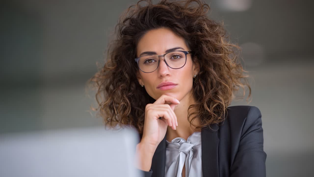 A Thoughtful Professional: A Pensive Woman with Curly Hair in a Business Attire Engaging in Deep Reflection and Contemplation in an Office Setting