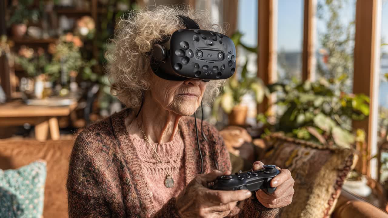 Una donna anziana completamente immersa nel mondo della realtà virtuale, che interagisce con un controller di videogiochi mentre si gode un ambiente domestico accogliente e pieno di luce naturale