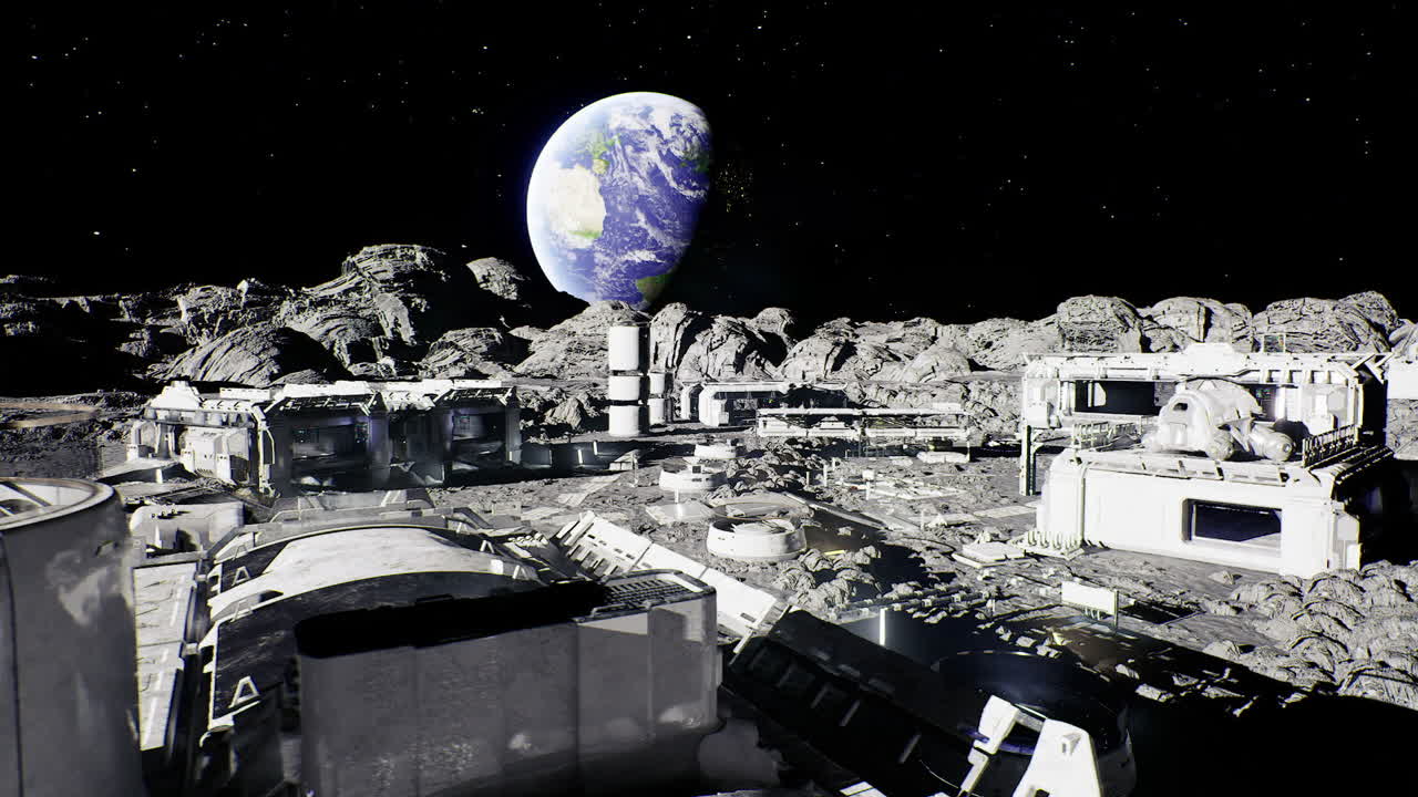 Unmanned machines and cranes assemble lunar modules amid dust clouds