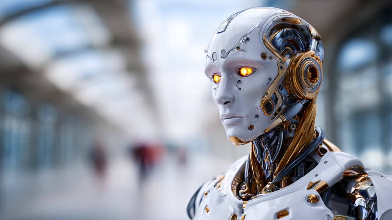 Robot umanoide avanzato con caratteristiche complesse e design tecnologico in un ambiente futuristico, che mette in mostra la fusione di intelligenza artificiale e robotica