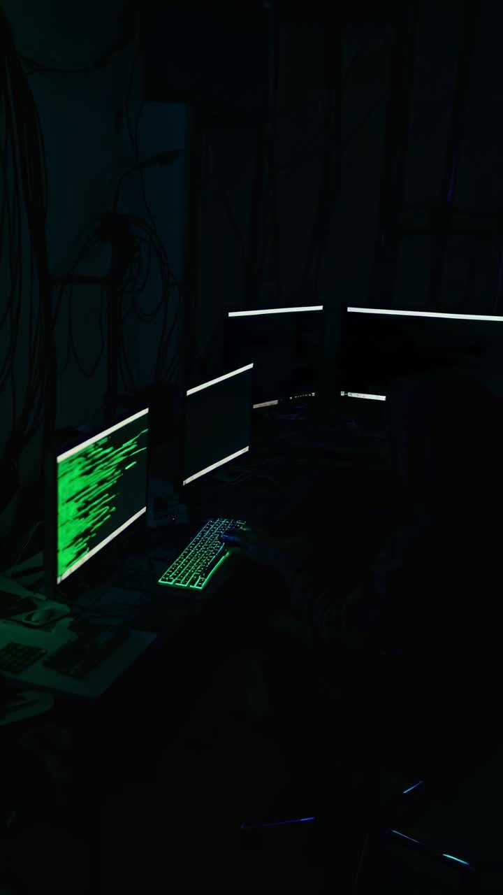 A dark room with multiple monitors displaying green code, viewed from a side angle
