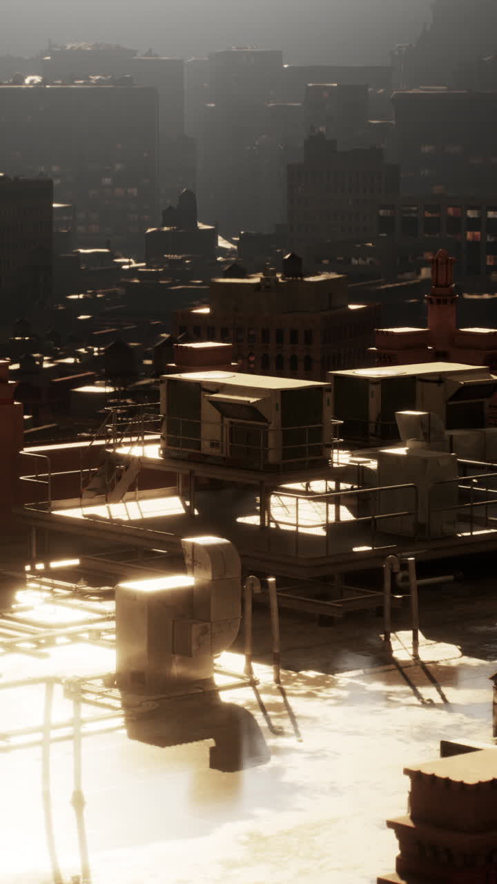 해가 지는 도시의 지붕