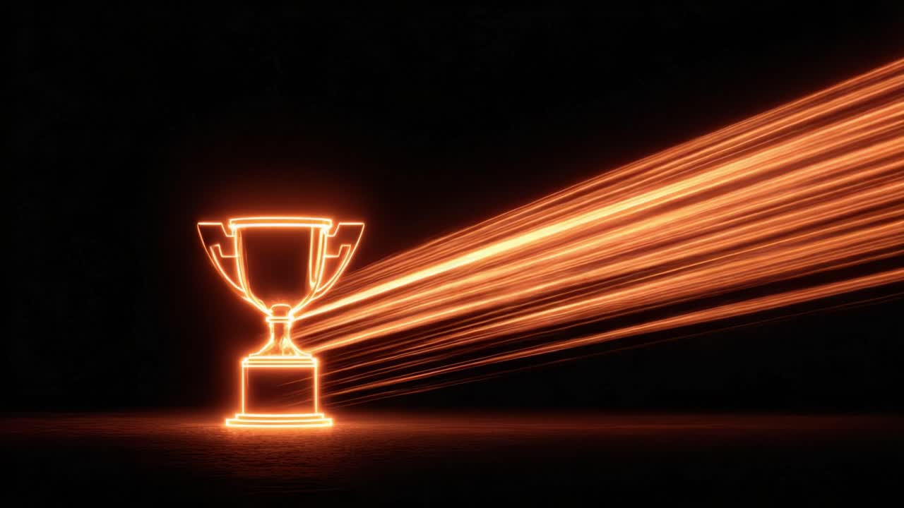Glowing orange neon trophy cup standing on a reflective surface against a black background, representing winning, success, and the celebration of champions in a competition or award ceremony