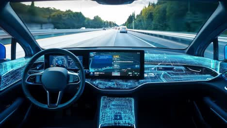 a view of the interior of a car with a dashboard and a steering wheel