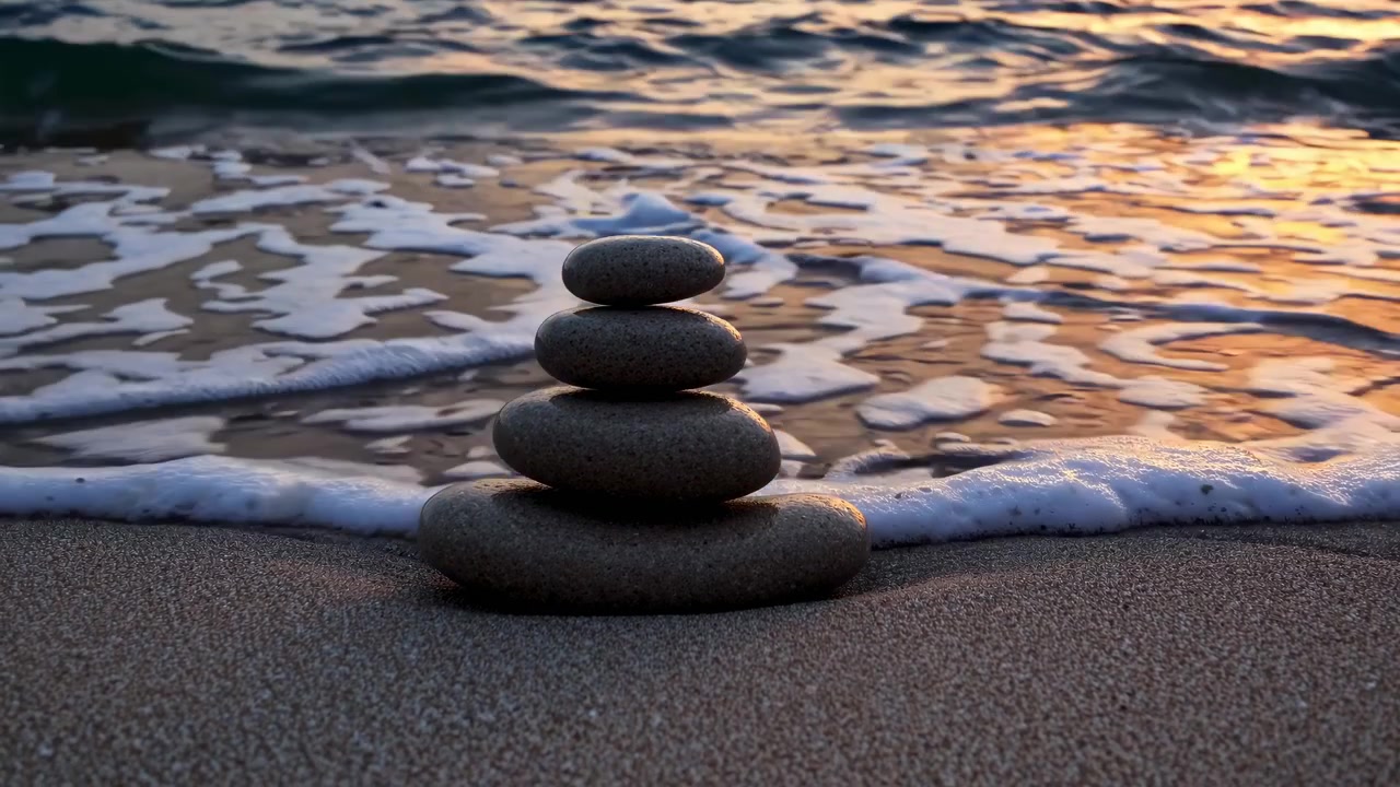 Pietre Zen impilate sulla spiaggia con onde dell'oceano al tramonto