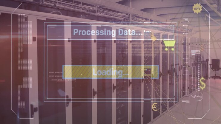 Animation of interface with data processing and globe of digital icons against computer server room